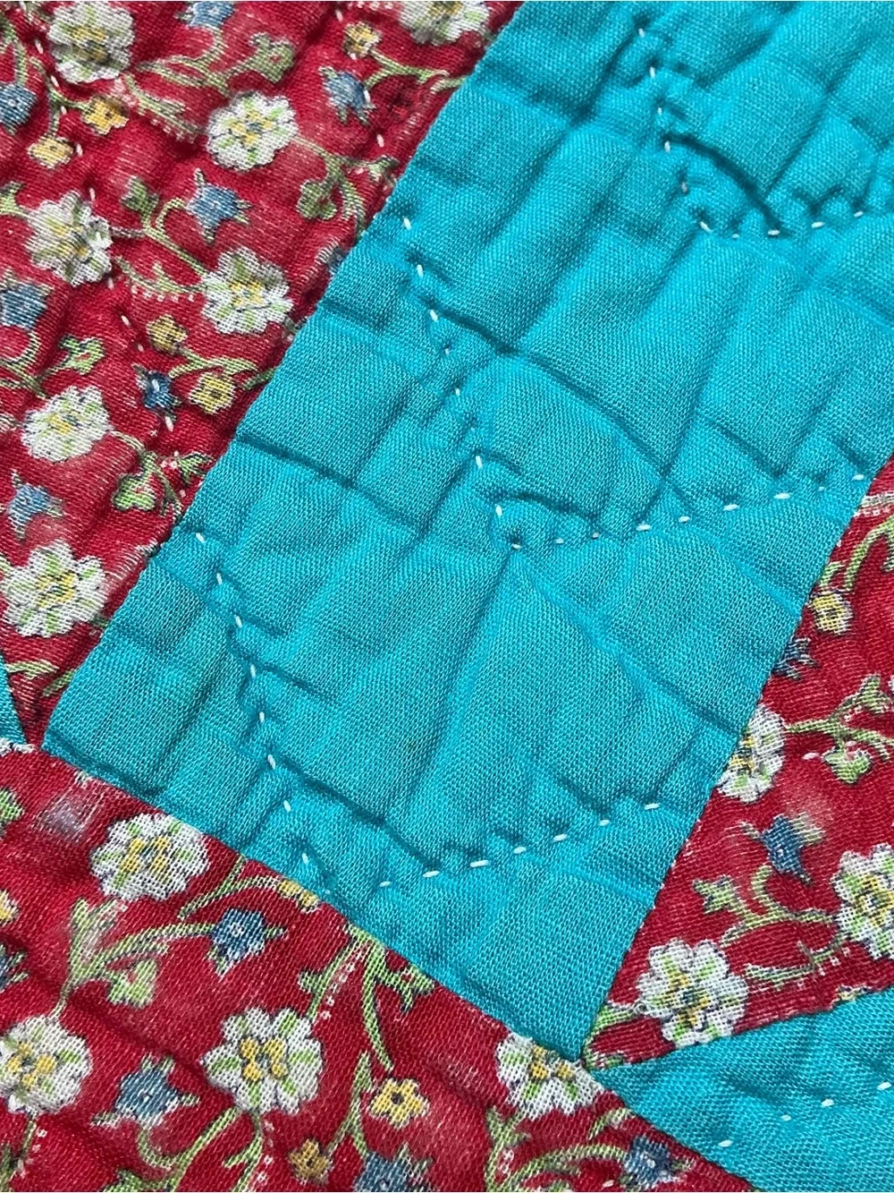 Vintage hand stitched colorful propeller pattern yellow sash quilt 70 x 80 USA